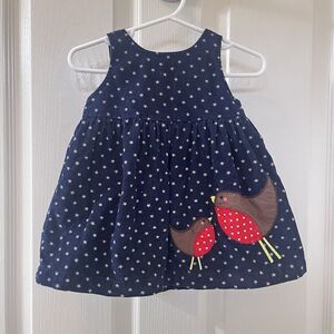 Baby Boden Blue Corduroy Robin Bird Applique Star Pinnie Dress Girls 3-6 Months
